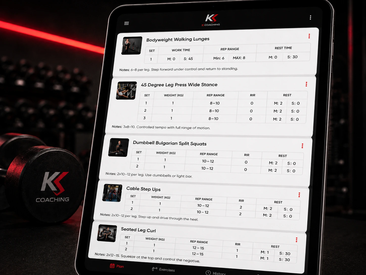 Personalised KK Coaching training plan shown in a structured coaching app interface with sets, rep ranges, RIR and rest times